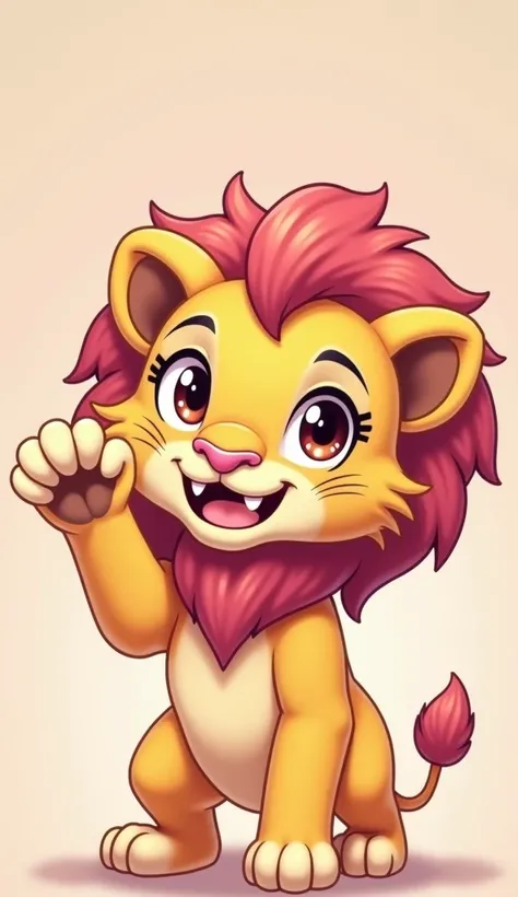 Double teeth lion,A cute little lion,Eyelashes,small double teeth ,  anime, pink mane,(A lion like a girl),Tiny fangs,close-up, stand up, raise my hand