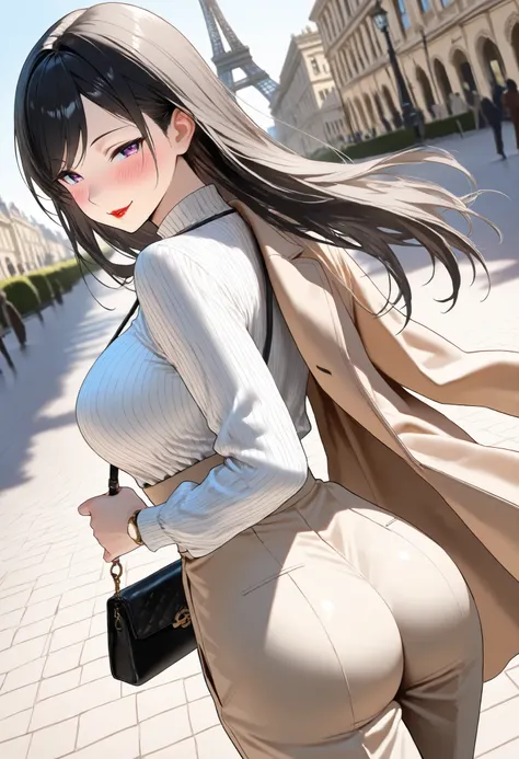 (best quality, masterpiece, ultra detailed, high resolution), Beautiful 8K CG artwork, Enriched photography, anatomically accurate body, depth of field,  1girl, elegant yet sexy girl, (long hair, black straight hair, swept bangs), 
round large breasts, bre...