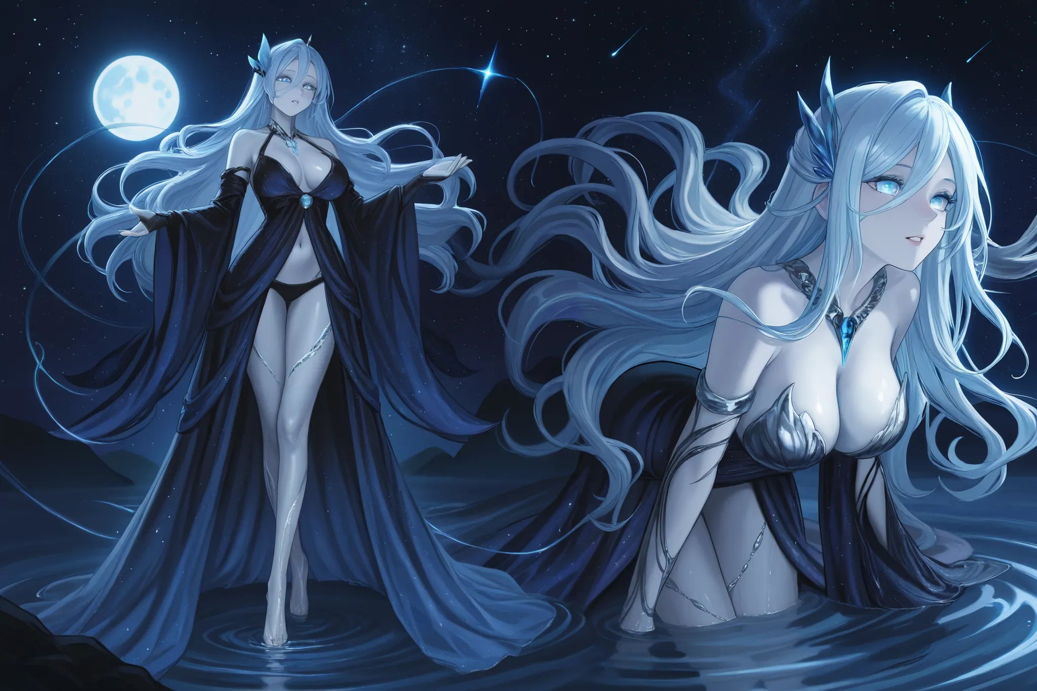 A hyper-realistic full-body depiction of Naïa, the abyssal siren, standing beneath the moon, arms outstretched in an irresistible call. Her (((silver-blue hair:1.4))) flows in endless waves, merging into the night. Her (((sapphire eyes:1.3))) glow faintly,...