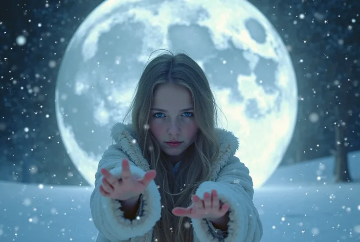 The magic moon, covered with snow, shines white and blue, in the middle is a young beautiful Russian girl with (dark blond) long hair, ( top view), pulls her hands towards the camera, facing us 