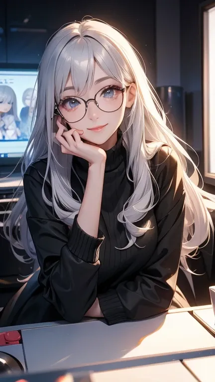  silver haired woman、glasses、smile、gaming room