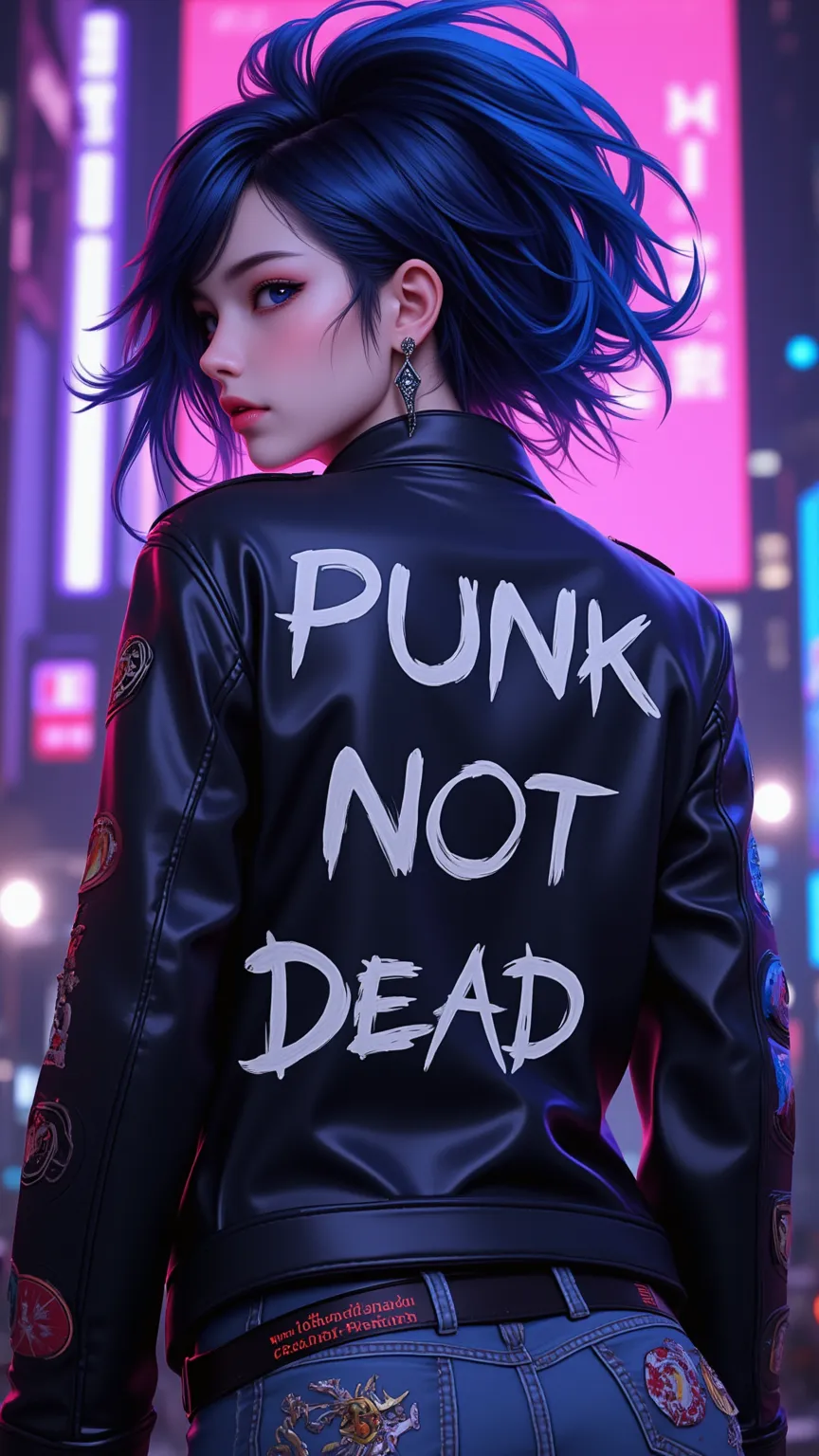 A girl with blue and dark blue Mohawk，wearing a black leather jacket，sprayed on the back “Punk is not dead”。Every word is a different color。jacket Coat Badges and Patches。 DB4RB4RZ style painting，drawing in CKSC，New automated，cartoon，Cyberpunk style，master...