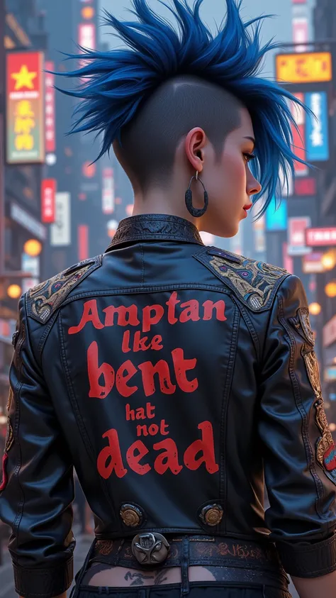 A girl with blue and dark blue Mohawk，wearing a black leather jacket，sprayed on the back “Punk is not dead”。Every word is a different color。jacket Coat Badges and Patches。 DB4RB4RZ style painting，drawing in CKSC，New automated，cartoon，Cyberpunk style，master...