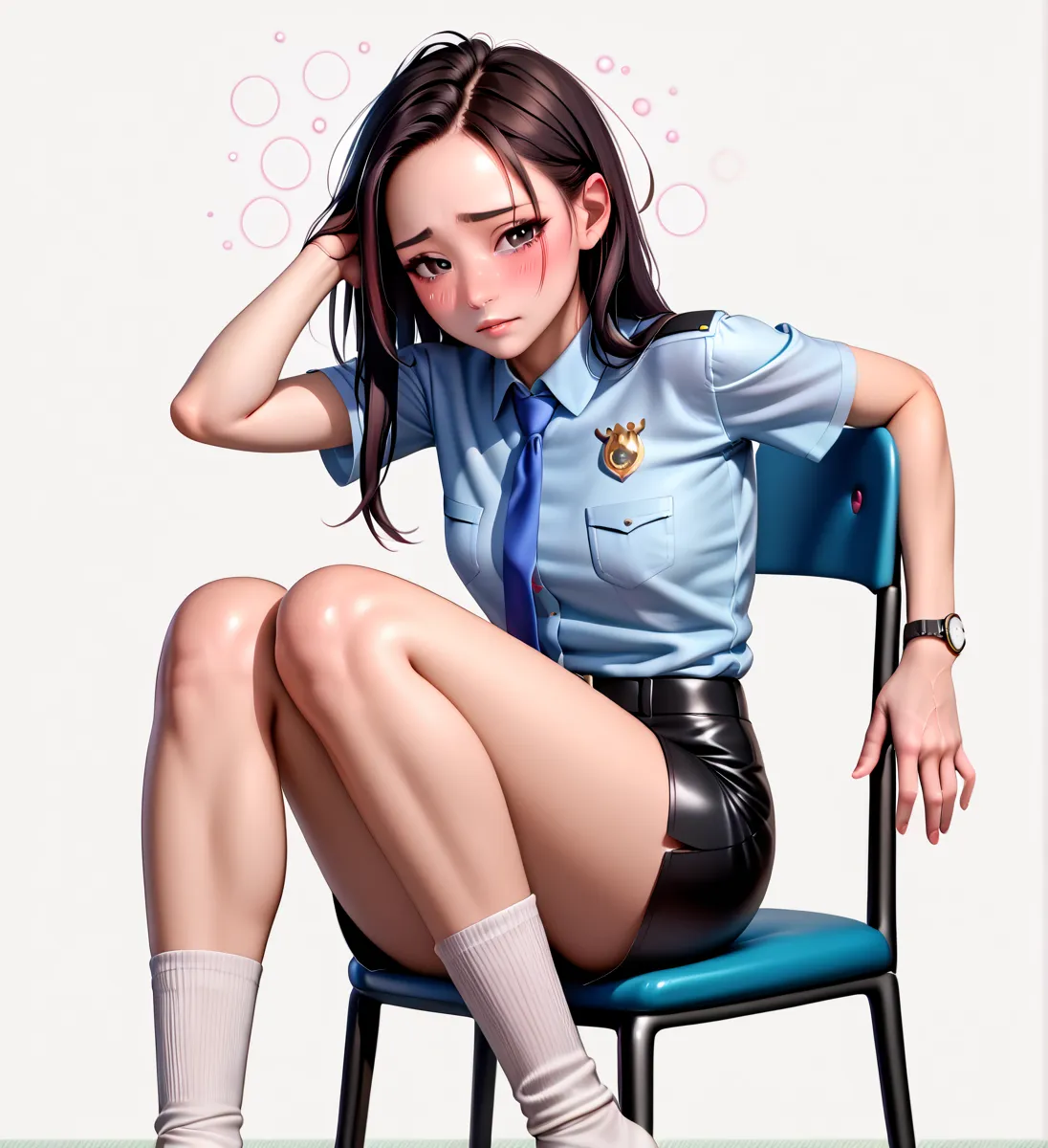  Beautiful Japanese Women,( 1girl ),( slender body:1.0),( small tits:1.0),(white collared short sleeve police shirt:1.2),(black super mini police skirt:1.2),(black leather equipped police belt:1.5),real skin ,small breasts, black hair, Super Detailed Black...