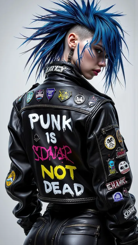 A girl with blue and dark blue Mohawk，wearing a black leather jacket，sprayed on the back “Punk is not dead”。Every word is a different color。jacket Coat Badges and Patches。 DB4RB4RZ style painting，drawing in CKSC，New automated，cartoon，Cyberpunk style，master...