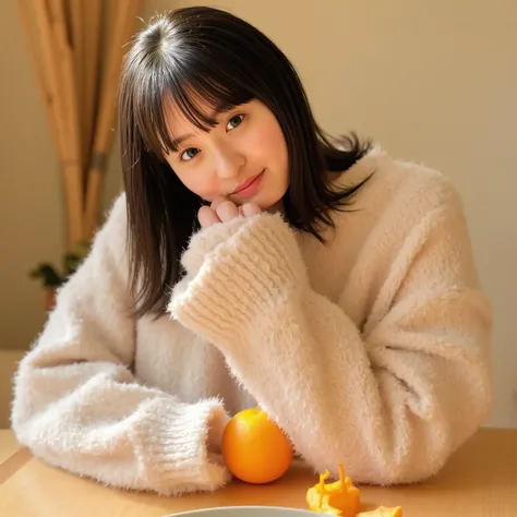 I'm wearing a fluffy sweater 、 In a warm winter room、Please draw a picture of a woman relaxing with a cheek cane while in a kotatsu。A few tangerines are placed on the table、 You can feel a relaxed atmosphere 。the room lights are soft、please use warm colors