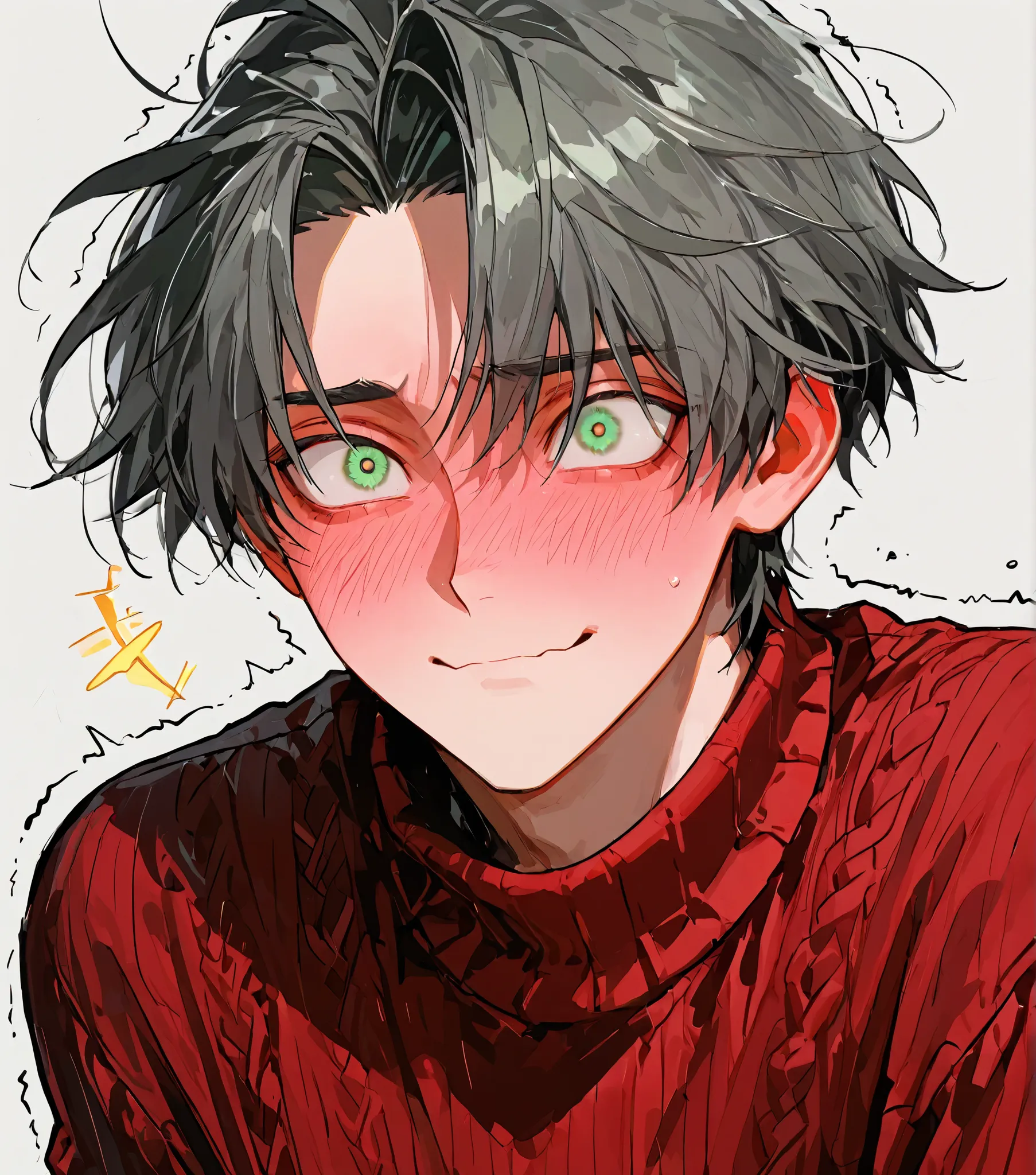 1boy, handsome, green eyes, dark gray hair, wide eyes, close mouth, excited, blushing, trembling, sweater, 