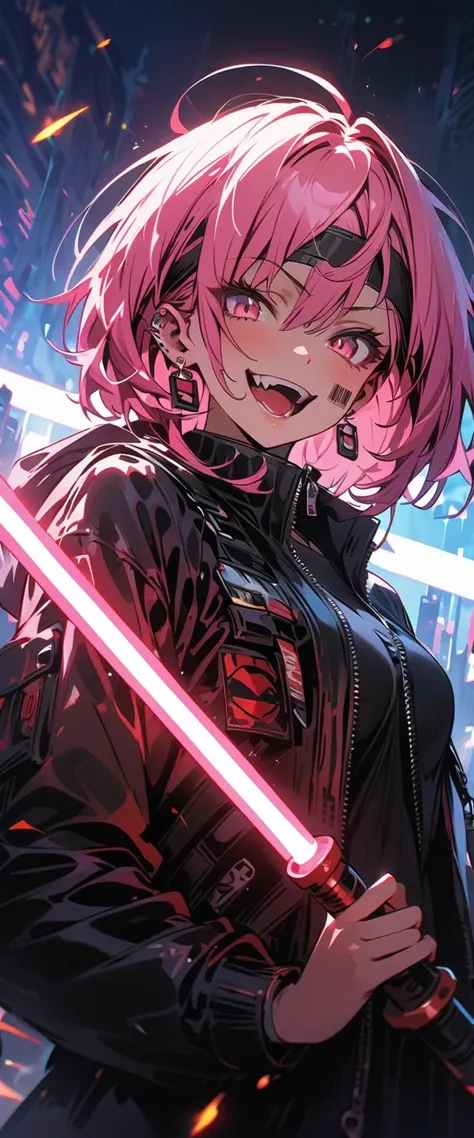 ( beautiful girl : 1.3),1 girl,(protective clothing,headband,earrings, lightsaber,scouter, with barcode tattoos on their cheeks),Pink hair,bob cut, Crazy Smile ,Reckless attitude,Evil face,Provocative attitude, with sharp eyes , lightsaberを構える,cyberpunk,the neon city at night,Machine City,dynamic angle,masterpiece,TOP QUALITY,Ultra High Definition,rich contrast,HD,8k,High Definition CG Unit Wallpaper,texture,unbelievably absurd,Ultra High Definition, RAW photos , deep border 1 .2,very detailed