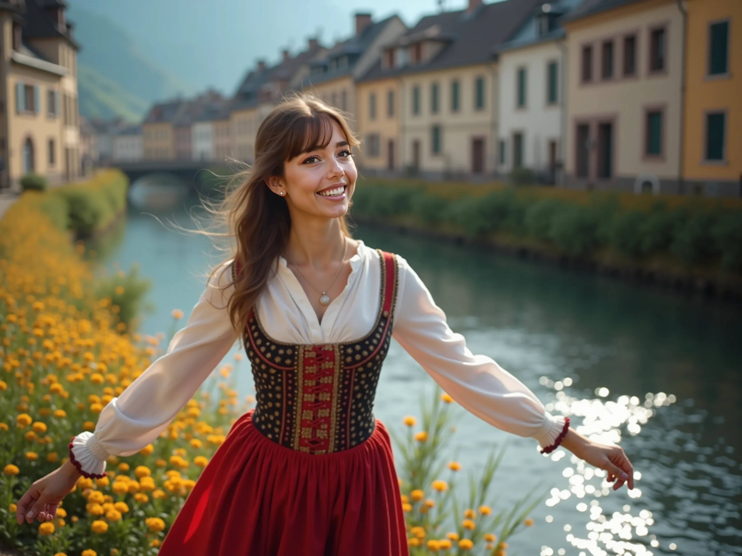 Shot with a DSLR and telephoto lens camera. A beautiful woman in her 20s with a slender figure and a beautiful nose. She performs a traditional dance with the French mountain folk, and she looks very happy. Her makeup and sparkly eyeshadow are beautiful. C...