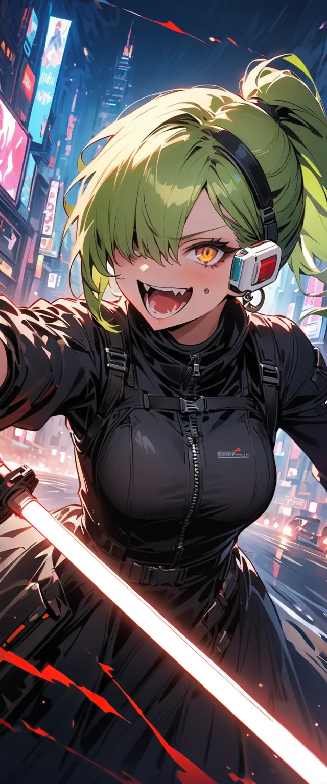 ( beautiful girl : 1.3),1 girl,(protective clothing,headband,earrings, lightsaber,scouter, with barcode tattoos on their cheeks), green hair,ponytail, Hair Over One Eye, Crazy Smile ,Reckless attitude,Evil face,Provocative attitude, with sharp eyes , light...