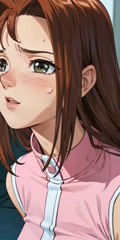  1 female,high definition,dementia,  ultra-realistic  ,8K,serenidaddm ,  long hair, Brown hair,   pink shirt ,  gray eyes,  black bra,black thong,European,sexy,Close-up of the upper body,  photographed from the front , Dynamic Angles ,blush, big tits, pret...