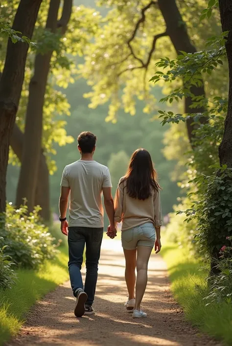 Create image of a couple walking hand in hand against the background of a park, The image of the couple should be backwards like a casual photo 