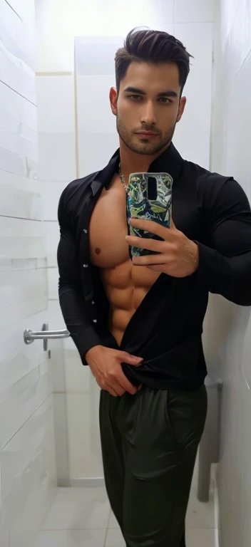 Hot muscular boy wear black shirt and pant and sexy look in mirror of the washroom 