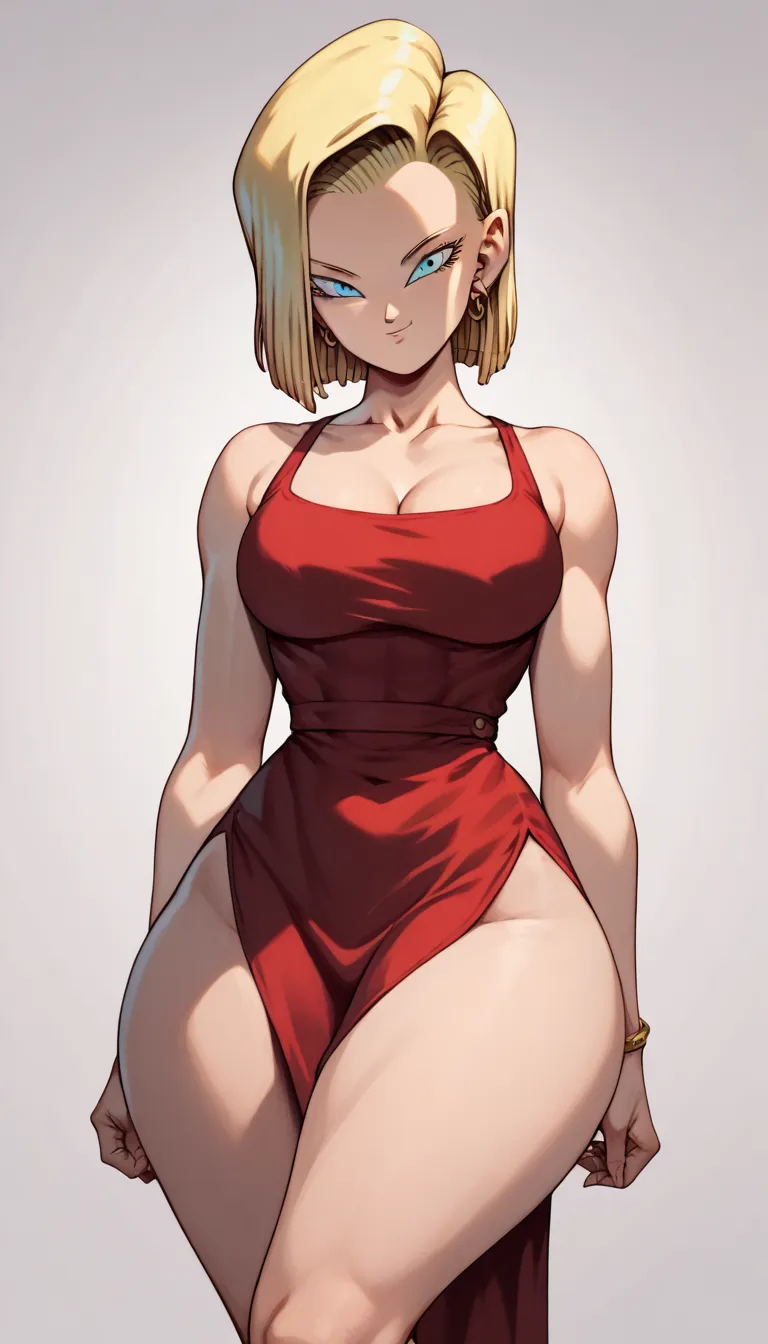 Android 18 hair short blond hair blue eyes big boobs abdomen healed thick thighs big wearing a sexy red dress