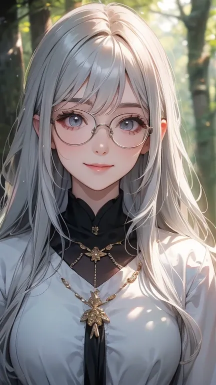  silver haired woman、glasses、smile、 in the woods