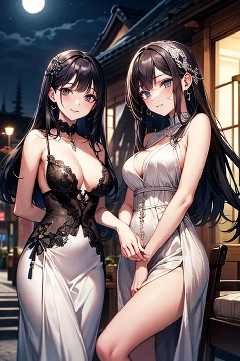 {masterpiece},{TOP QUALITY},{over the age of 25},  beautiful,  is amazing,  beautiful詳細な目、 detailed ,bitches line up in front of the motel, highly detailed CG, original ,  very detailed wallpaper、 black hair、long hair、Alluring、Elegant、 Mysterious Smile 、 d...