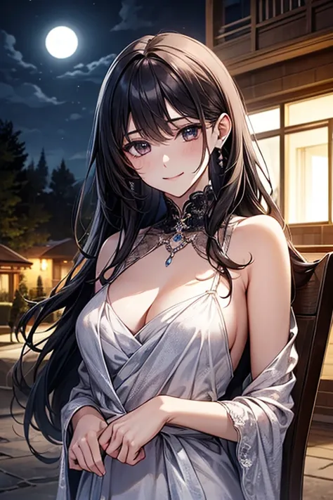 {masterpiece},{TOP QUALITY},{over the age of 25},  beautiful,  is amazing,  beautiful詳細な目、 detailed ,bitches line up in front of the motel, highly detailed CG, original ,  very detailed wallpaper、 black hair、long hair、Alluring、Elegant、 Mysterious Smile 、 d...