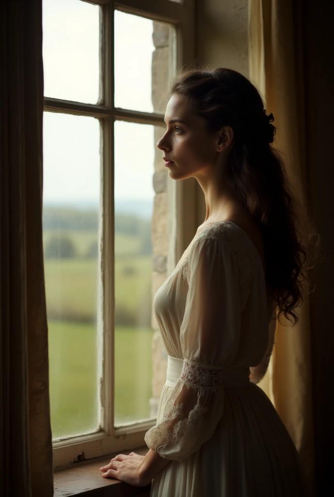 a woman that is looking out of a window