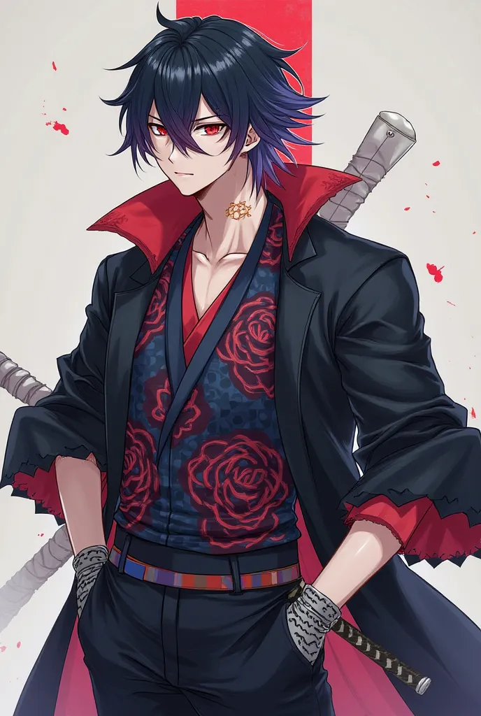 Gradation of bluish black hair with red tips
Half-up dumplings are short
Gender male　The god of mourning with a sword
A body with amazing muscles
My chest is flabby
The first person is me
Blue rose pattern shirt over red inner black jacket over black pants...