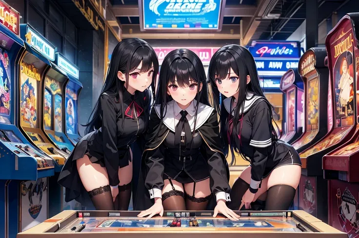 High image quality, high resolution, smooth gradation, vivid colors, a black cloak, a black student uniform, black stockings, black lace-up shoes, black hair, a high school girl, In an old arcade, three girls gather around a pinball machine, absorbed in th...