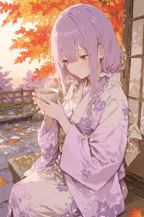 illustration, best quality, dramatic lighting, 00118_illu,r17329_illu,Cute,masterpiece, best quality, ultra-detailed, Low Fidelity (lofi) art style, pastel pink and purple tones with subtle orange for the autumn leaves. A young girl sits on the wooden vera...