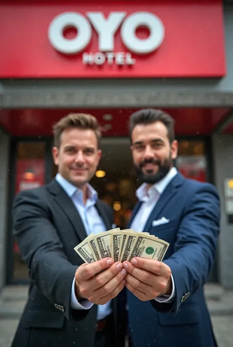 Men's holding cash in their hands in front of oyo hotel 