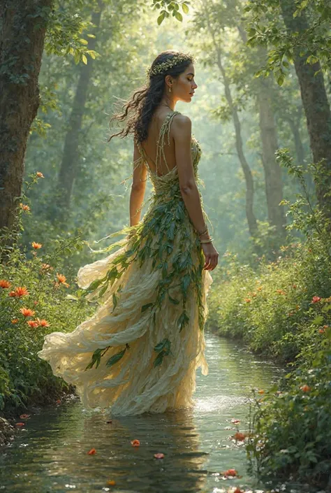 A beautiful Indian married woman wearing a leaf and stems dress.she living in 1st century.she walking at the green forest.she at the river.she drinking water in the river.