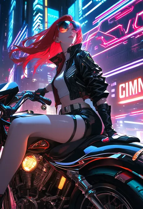 A fusion of cyberpunk and American classic aesthetics: a stunning red-haired woman sits confidently on a fully customized Harley-style cyberbike. The bike combines sleek futuristic technology with the bold, rugged design of a classic cruiser, featuring glo...