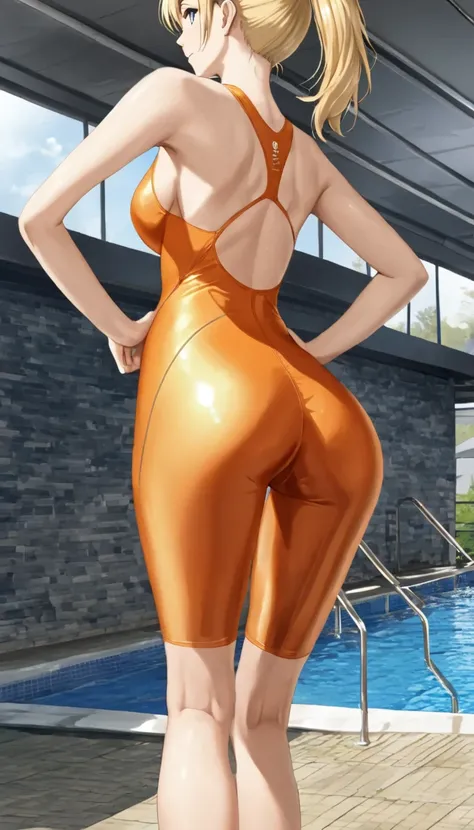 1 japanese girl,((Alone)),alone, only one woman,(blonde hair),ponytail,standing, on poolside,(back style:1.2), ((shiny orange kneelength competition one-piece swimsuit)),((from directly below)), angle from directly below,close up hip,zoom in hip,turn aroun...