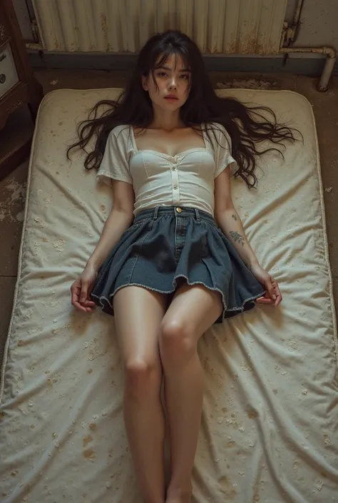 a very pretty 19-year-old girl ,   dressed as a sexy schoolgirl.  huge breasts, from the collections . short skirt .   lying on a dirty mattress on the floor .   There are stains of white paint on and on the floor. 