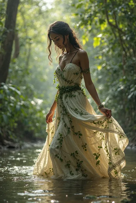 A beautiful Indian married woman wearing a leaf and vines dress.she living in 1st century.she walking at the green forest.she at the river.she drinking water in the river.