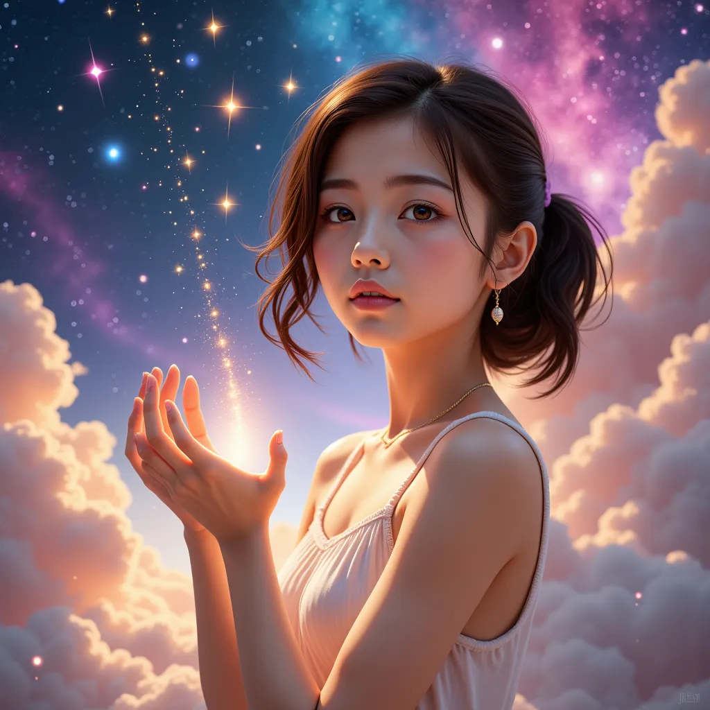 a young girl enjoying a dreamlike time in a galaxy, surrounded by stars, with warm light shining down on her, the background featuring a colorful galaxy and starry sky, flying stars around her, delicate facial features, an air of playfulness