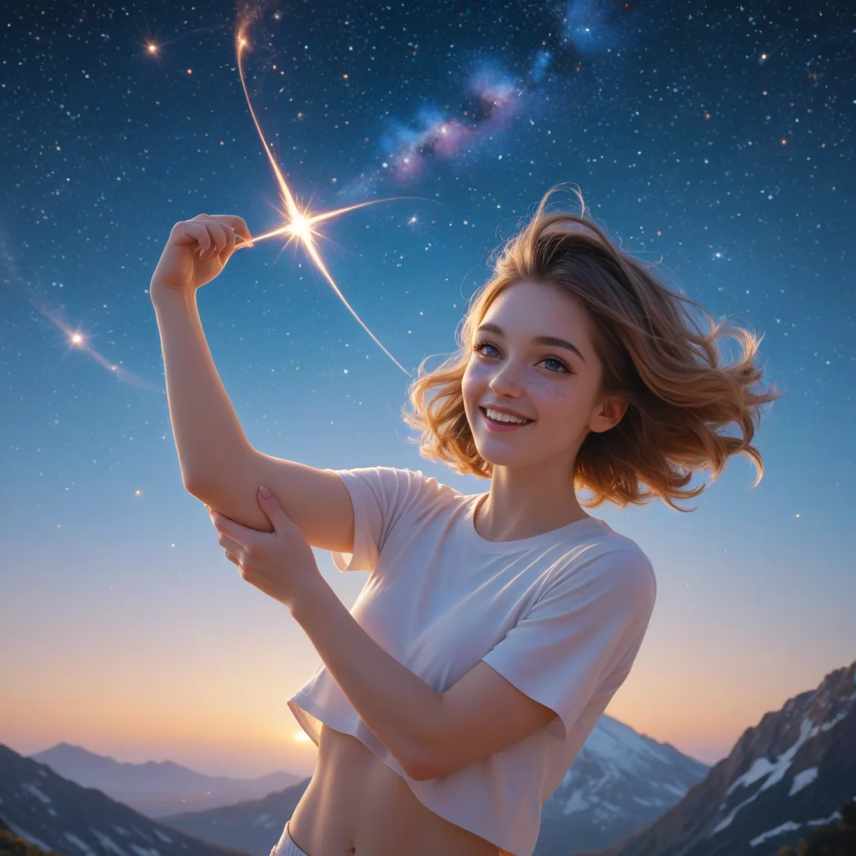 a young girl enjoying a dreamlike time in a galaxy, surrounded by stars, with warm light shining down on her, the background featuring a colorful galaxy and starry sky, flying stars around her, delicate facial features, an air of playfulness