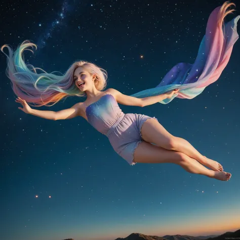 a young girl enjoying a dreamlike time in a galaxy, surrounded by stars, with warm light shining down on her, the background featuring a colorful galaxy and starry sky, flying stars around her, delicate facial features, an air of playfulness