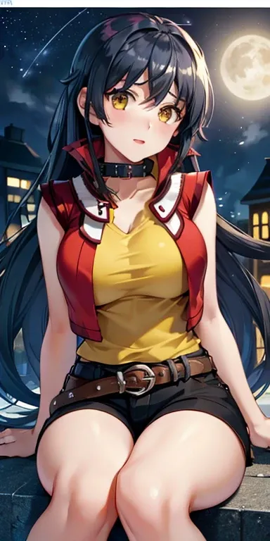  1 female,high definition,dementia,  ultra-realistic  ,8K, Mmm,  long hair, black hair,yellow eyes, red jacket  ,SHIRT WITH COLLAR, yellow t-shirt,  sleeveless,  belt, black shorts,European,sexy,Close-up of the upper body,  photographed from the front , Dy...