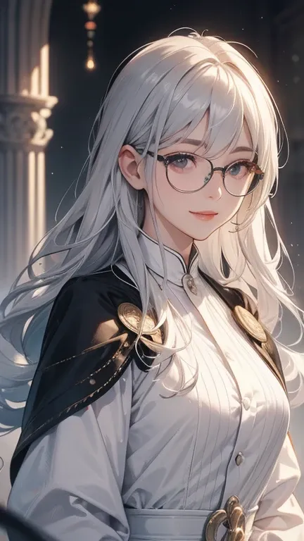  silver haired woman、glasses、smile、 the whole body is shown