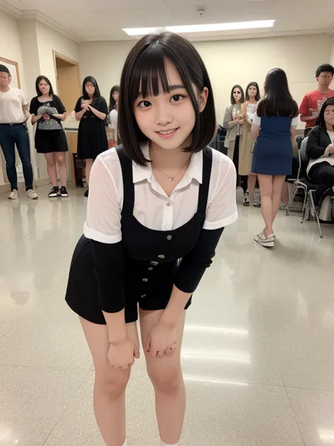   black hair, Costumes,   black hair, Falter, Solid round eye, best quality  black hair, 18 years old,  slender body, bob cut,  light blue eyes,  smiling sticker , ニヤリと笑う,  show your teeth and laugh, full body, Sisters Girls, round face,  Slightly swollen ...