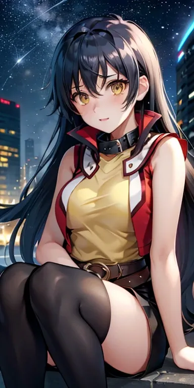  1 female,high definition,dementia,  ultra-realistic  ,8K, Mmm,  long hair, black hair,yellow eyes, red jacket  ,SHIRT WITH COLLAR, yellow t-shirt,  sleeveless,  belt, black shorts,European,sexy,Close-up of the upper body,  photographed from the front , Dy...