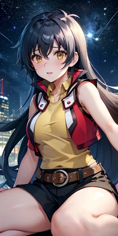  1 female,high definition,dementia,  ultra-realistic  ,8K, Mmm,  long hair, black hair,yellow eyes, red jacket  ,SHIRT WITH COLLAR, yellow t-shirt,  sleeveless,  belt, black shorts,European,sexy,Close-up of the upper body,  photographed from the front , Dy...