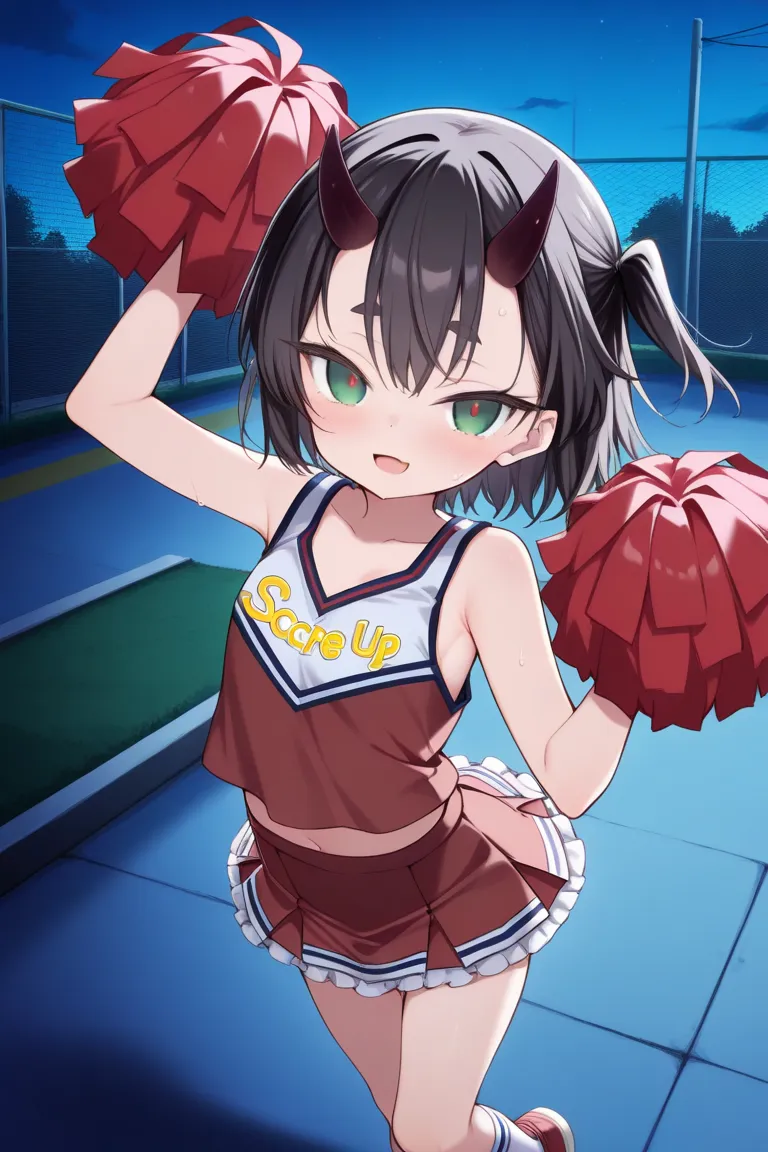 score_9, score_8_up, score_7_up, night, schoolyard, looking at viewer, (solo, 1girl, black hair, green eyes, short hair, one side up, dark red horn, Purple-tipped horn, horn on forehead), ((loli, thin, petite,  female, short body)), (cheerleader, tank top,...