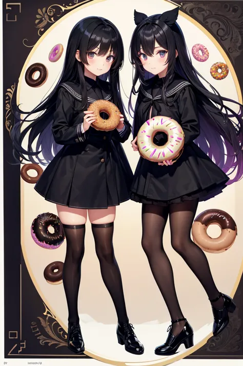 High image quality, high resolution, smooth gradation, vivid colors, a black cloak, a black student uniform, black stockings, black lace-up shoes, black hair, a high school girl, A donut shop, lots of different kinds of donuts, two girls huddled together, ...