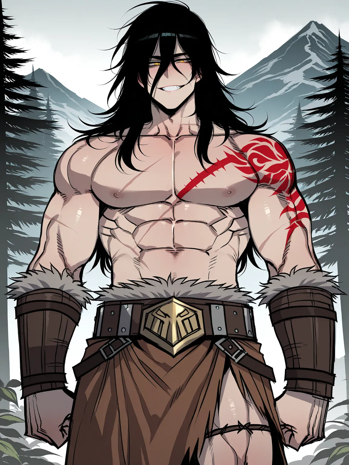 ((ratatatat74)), (score_9, score_8_up, seductive face, seductive expression), ((male)), ((solo)), (hyborean man), ((muscular)), ((tall)), warrior, barbarian, bronze skin, black hair, hazel eyes, tall, muscular, scar, scar_across_eye, yellow eyes, glowing_e...