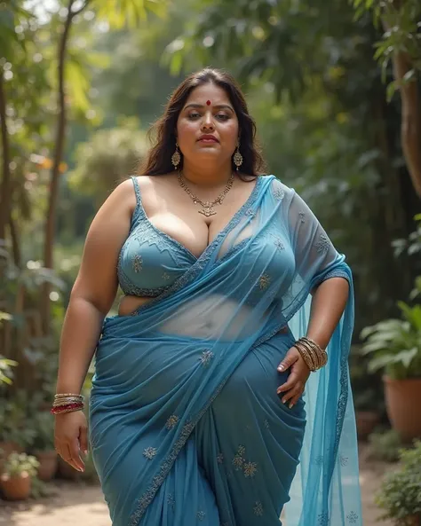 Extream Chubby girl in transparent blue saree falled from breast showing huge cleavage out door