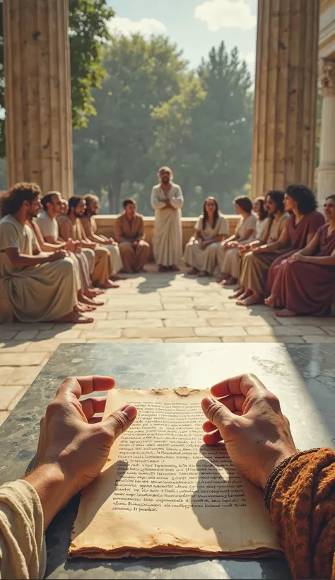  a first-person view (throw) of a philosopher in Ancient Greece, with hands gesturing as he explains his thoughts. The fingers are stained with ink, and a scroll is wrapped on the marble table. Feet are bare, feeling the fresh floor of Plato's Academy. Ahe...