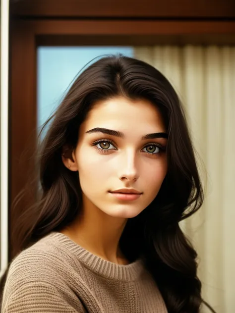   Photo of a 20-year-old brunette.,  wears an ash sweater , have a very natural face,  thin lip ,  Thin eyes ,  thin eyebrows  ,   Smooth nose  ,  earrings  ,  Long eyelashes . they were photographed indiscriminately 