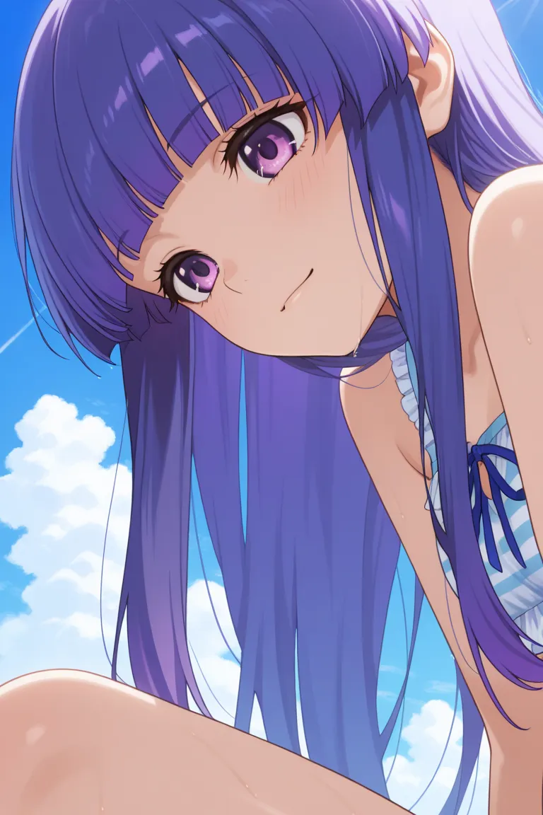 score_9, score_8_ up  , score_7_ up  , BREAK source_anime, rating_ explicit, best quality , Masterpiece, No posts
 BREAK 1女の子, Alone, rika furude, long hair, bangs, blue hair, purple eyes, blunt bangs, purple hair
 BREAK
Pool on a summer day、Smiling 、Jump ...