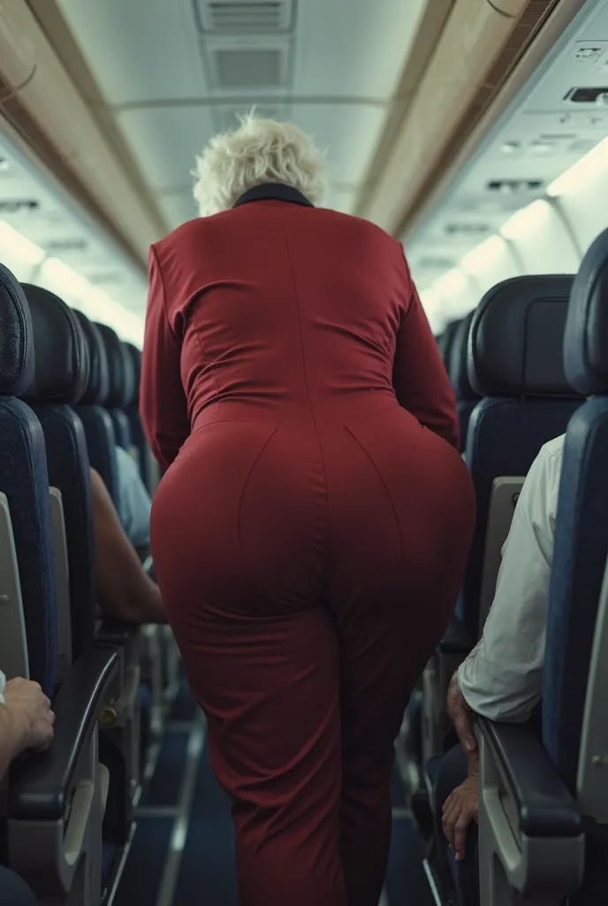 (((Huge sexy booty granny))). Big butt cheeks. In tight pants. Dressed as a flight attendant. Candid booty. Bending over. Giant booty is in front of camera. Slim waist. In airplane aisle. Old white woman. White short hair. Gigantic butt is protruding. 