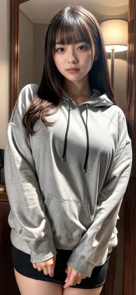 (Best Quality, 8k, 32K, masterpiece, Ultra-high resolution:1.2), hotel room, Cute Japanese Girl,curvy,large breasts,
Black Hair、bangs、

Fashionable, Oversized Light Grey Hoodie

