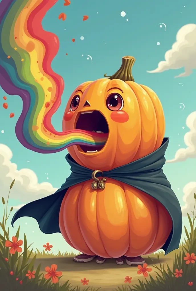 generate me a cartoony pumpkin vomitting a 3 colors rainbow with a black cape, perspective is front and make the background skyish