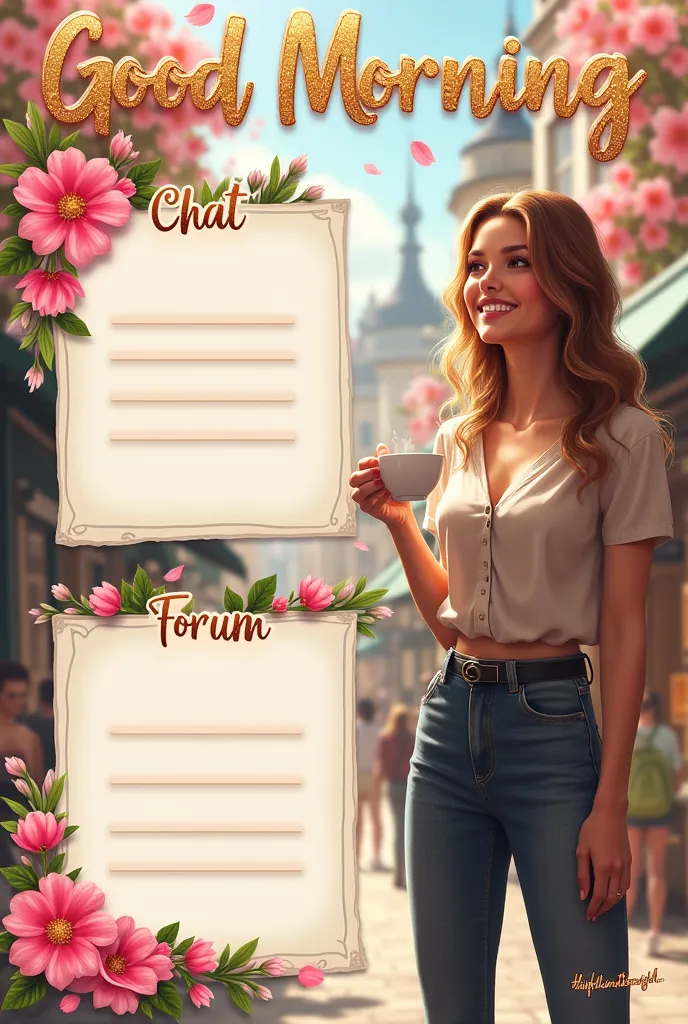 An empty wide template for filling out games and mailing players, on the side or top of the newsletter shows a beautiful girl in town,near the shopping mall, smile, stylishly dressed , spring, a cup of coffee in the other corner ,   wavy hair ,  It occupie...